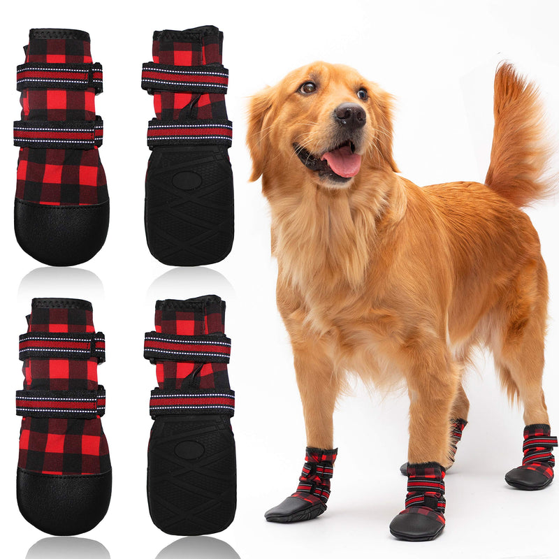 FLYSTAR Dog Shoes for Medium Large Dogs, Waterproof Rain Snow Non-Slip Dog Boots for Winter, Plaid Reflective Adjustable Warm Dog Shoes Paw Protector for Walking Running Hiking Outdoor 8# (paw width: 2.3"-3.1") - BeesActive Australia