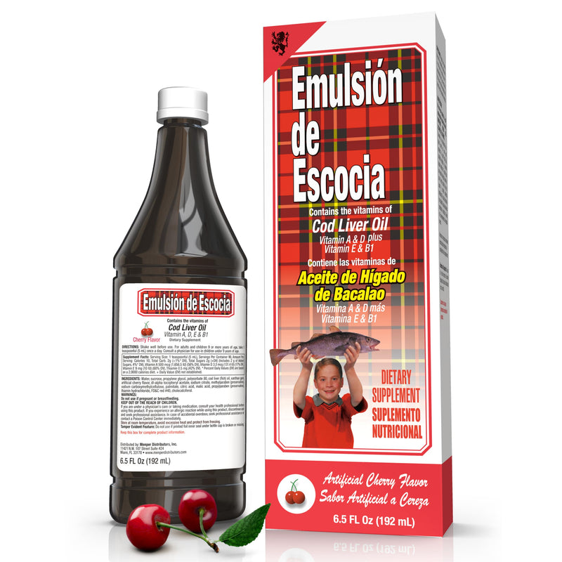 Emulsion de Escocia Cod Liver Oil, Cherry Flavor, 6.5 fl oz (1 Pack) – Fish Oil with Vitamins A, D, E, B1, Omega-3 for Immune and Bone Health, Kids & Adults Regular size
