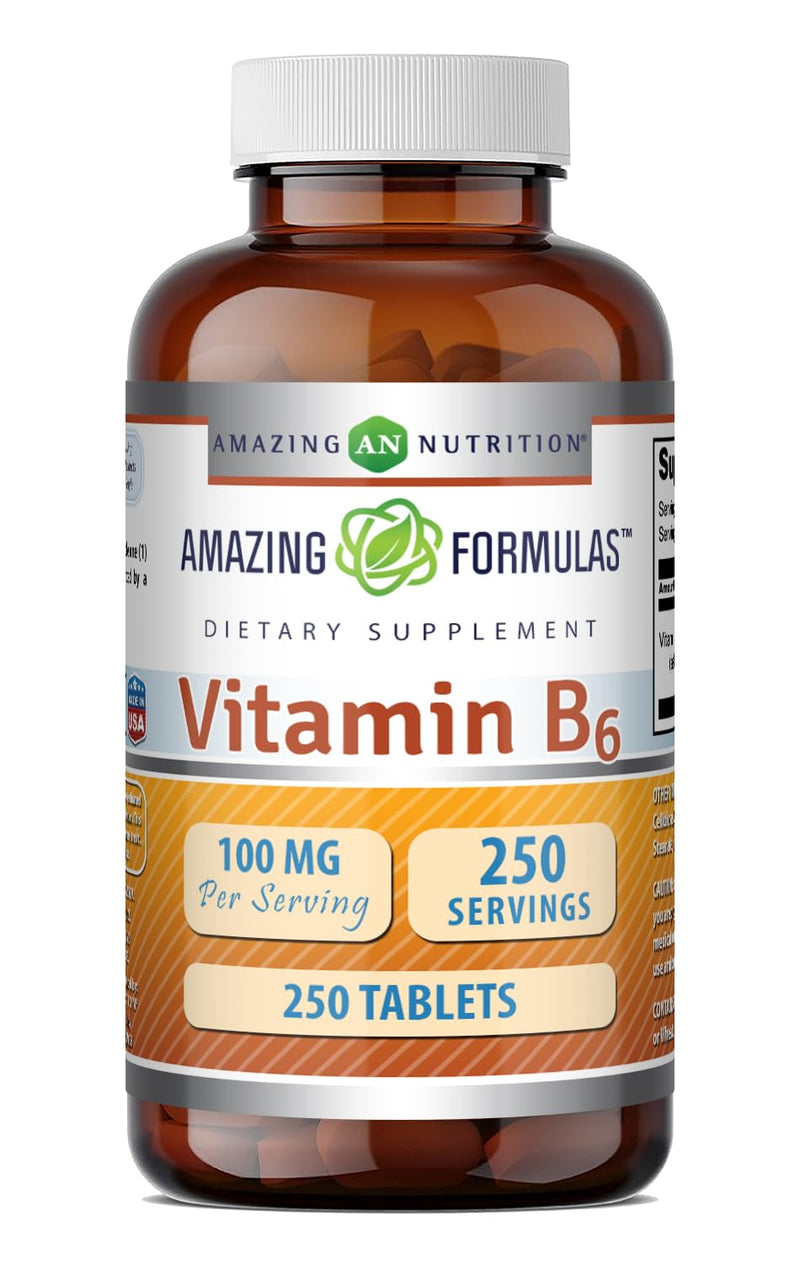 Amazing Formulas Vitamin B6 Supplement | 100 Mg per Serving | Tablets | Non-GMO | Gluten-Free | Made in USA (1 Pack, 250 Count) Unflavored 250 Count (Pack of 1)