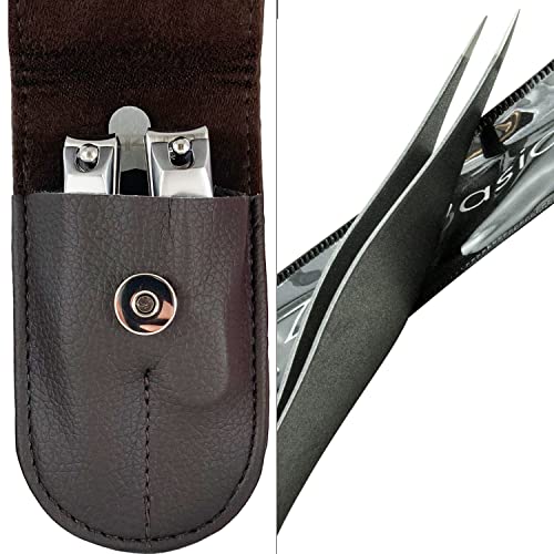Zizzili Basics 3 Piece Nail Clipper Set and Pointed Tweezers for your Precision Needs - Fingernail & Toenail Clippers with Nail File and Brown Travel Case - Bundle