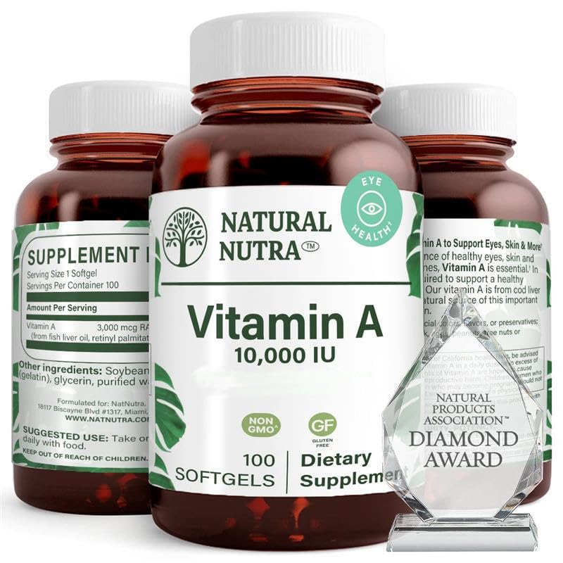 Natural Nutra Vitamin A 10000 IU Softgels, Vitamin A 100 Count (2 Pack) | 10000 IU Per Softgel,Supports Eye Health,Supports Skin Health,Gluten Free 200 Count (Pack of 1)