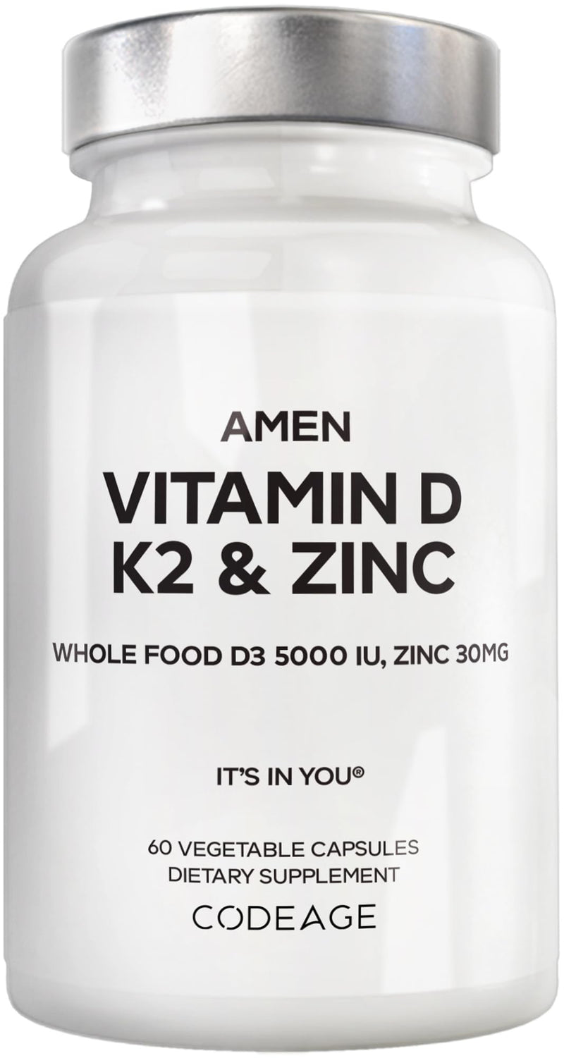 Amen Vitamin D3 5000 IU, K2, Zinc, Organic Whole Food, 60 Capsules | Vitamin D3 5000 IU with K2 (MK-7), zinc and an organic fruit blend. Two-month supply. Vegan, non-GMO.