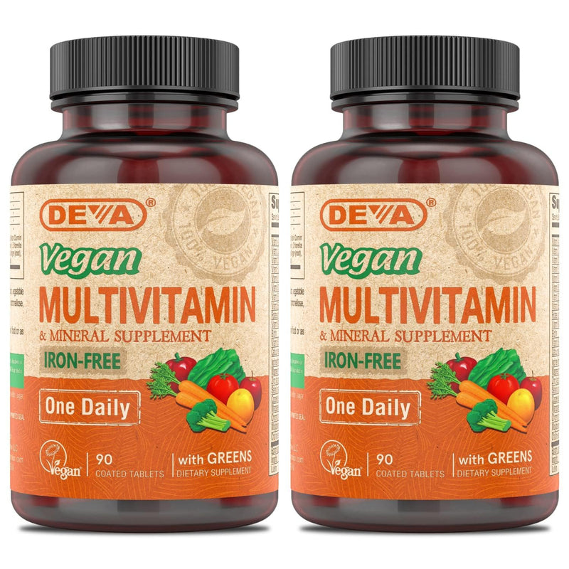 DEVA Vegan Multivitamin and Mineral Supplement - One Daily Vitamin Formula with Greens - Iron Free - 90 Coated Tablets (Pack of 2) 90 Count (Pack of 2)