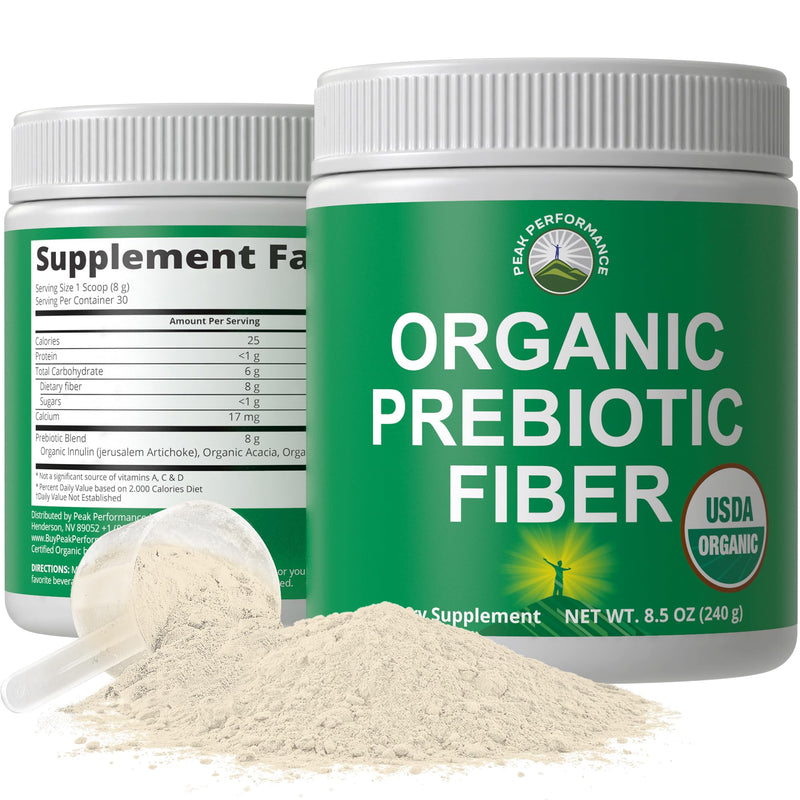 USDA Organic Prebiotic Fiber 3-in-1 Vegan Powder for Gut Health | Raw Whole Food Plant Based Prebiotics Digestive Supplement with Inulin (Jerusalem Artichoke), Acacia Fibers, SunFiber (240g)