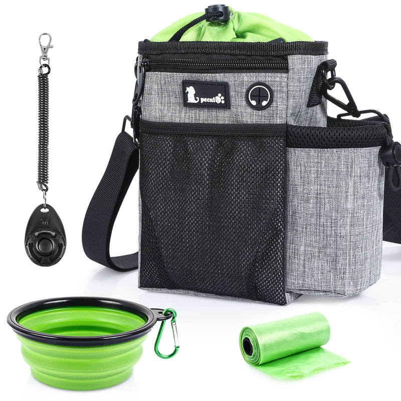 Pecute Dog Treat Pouch, Hands-Free Dog Training Bag with Shoulder Strap Waist Belt Metal Clip and Foldable Bowl, Built-in Poop Bag Dispenser, 3 Ways to Wear Suitable for Training Walking (Grey) Grey + Green Upgrade Large - BeesActive Australia