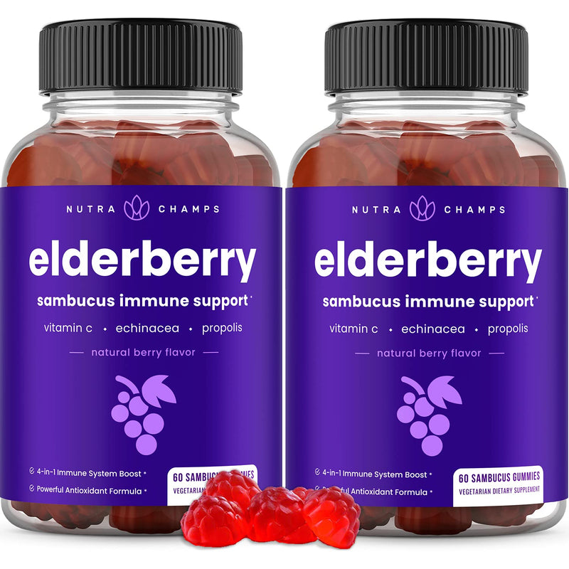 NutraChamps Elderberry Gummies, Sambucus Elderberry Gummies for Adults & Kids, Vitamin C, Propolis & Echinacea, Max Strength Immune Support Gummies, Natural Berry Flavor, 120 Gummies (Pack of 2) 60 Count (Pack of 2) Elderberry Gummies (2 Pack)