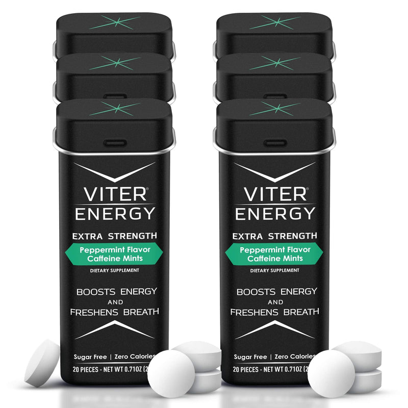 Viter Energy Extra Strength Caffeinated Mints - 80mg Caffeine, B Vitamins, Sugar Free Vegan Breath Mint. Powerful Energizing Boost. 1 Mint Replaces 1 Coffee, Gum, Chews, Gummies (Peppermint, 6 Pack) Peppermint 20 Count (Pack of 6) - BeesActive Australia