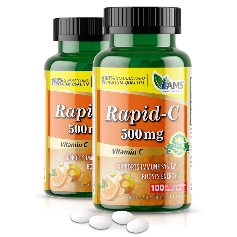 America Medic & Science Rapid-C 500mg Vitamin C Supplement (2 Pack of 100 Tablets) Energy Booster, Daily Immune System Support, Antioxidant | Vegan, Non-GMO Coated Ascorbic Acid for Adult Men & Women 100 Count (Pack of 2)