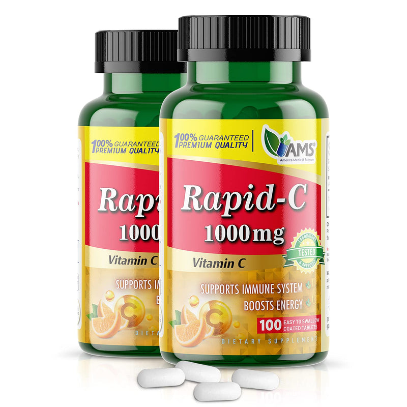 America Medic & Science Rapid-C 1000mg Vitamin C Supplement (2 Pack of 100 Tablets) Energy Booster, Daily Immune System Support, Antioxidant | Vegan, Non-GMO Coated Ascorbic Acid for Adult Men & Women 100 Count (Pack of 2)