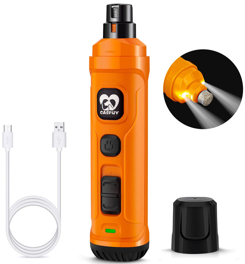 Casfuy Dog Nail Grinder with 2 LED Light - New Version 2-Speed Powerful Electric Pet Nail Trimmer Professional Quiet Painless Paws Grooming & Smoothing for Small Medium Large Dogs and Cats (Orange) A-Orange - BeesActive Australia