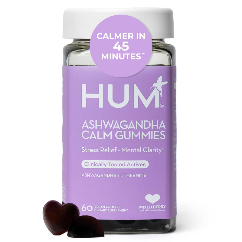 HUM Calm Ashwagandha Gummies with L-Theanine, Mixed Berry, 60 Count | Sensoril Ashwagandha, L-Theanine, Mixed Berry Flavor, Women & Men, Vegan, Non-GMO, 60 Gummies
