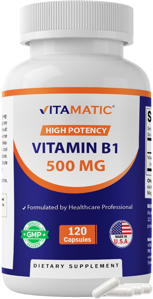 Vitamatic Vitamin B1 500 mg (Thiamine Mononitrate), 120 Capsules | High Potency B1, Supports Nervous System Health and Energy Metabolism*, Non GMO, Gluten Free, Made in USA 120 Count (Pack of 1)