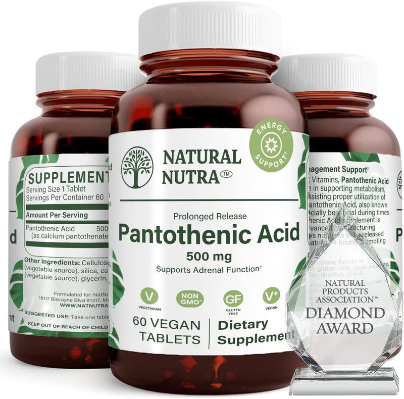 Natural Nutra Time Release Pantothenic Acid 500 mg, 60 Vegan Tablets (2pk) | Vitamin B5 Supplement Helps Break Down Fat & Carbohydrates, Metabolism & Energy, Improve Muscle Health, Reduce Skin Spots 60 Count (Pack of 2)