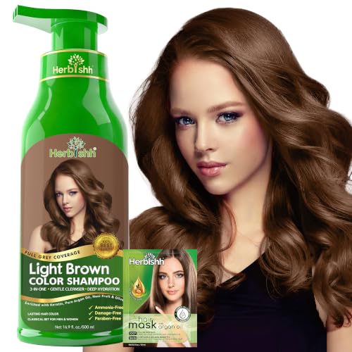 Herbishh Light Brown Hair Dye Shampoo for Gray Hair Coverage 500ml