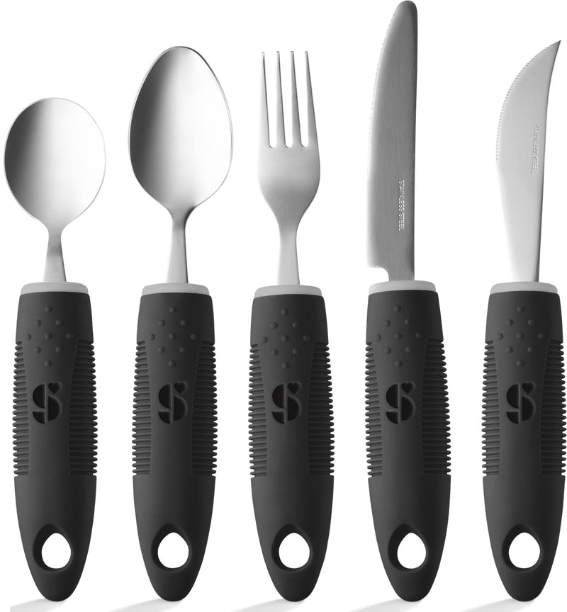 Special Supplies Adaptive Utensils (5-Piece Kitchen Set) Wide, Non-Weighted, Non-Slip Handles for Hand Tremors, Arthritis, Parkinson’s or Elderly Use (Black) Black - BeesActive Australia