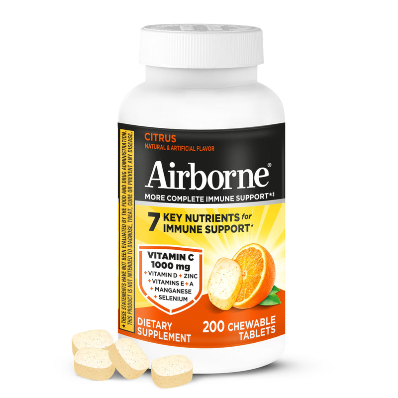 Airborne 1000mg Vitamin C Immune Support Citrus Chewable Tablets, 200ct | Antioxidants Vitamins A, D & E + Zinc, Selenium, and Manganese, Herbal Blend, Multivitamin Supplements, Immune Health, Tasty 200 Count (Pack of 1)