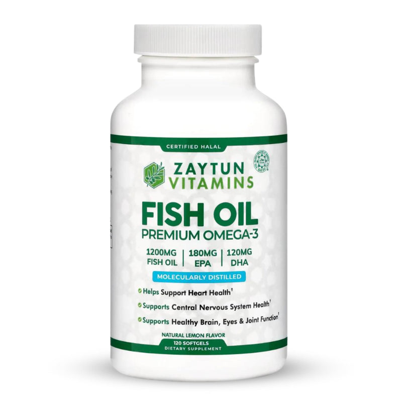 Zaytun Halal Fish Oil 1200mg Omega-3, Premium EPA/DHA, One Per Day, Daily Wellness Support, 4 Months Supply, Lemon Flavor, Keto Friendly, Gluten Free