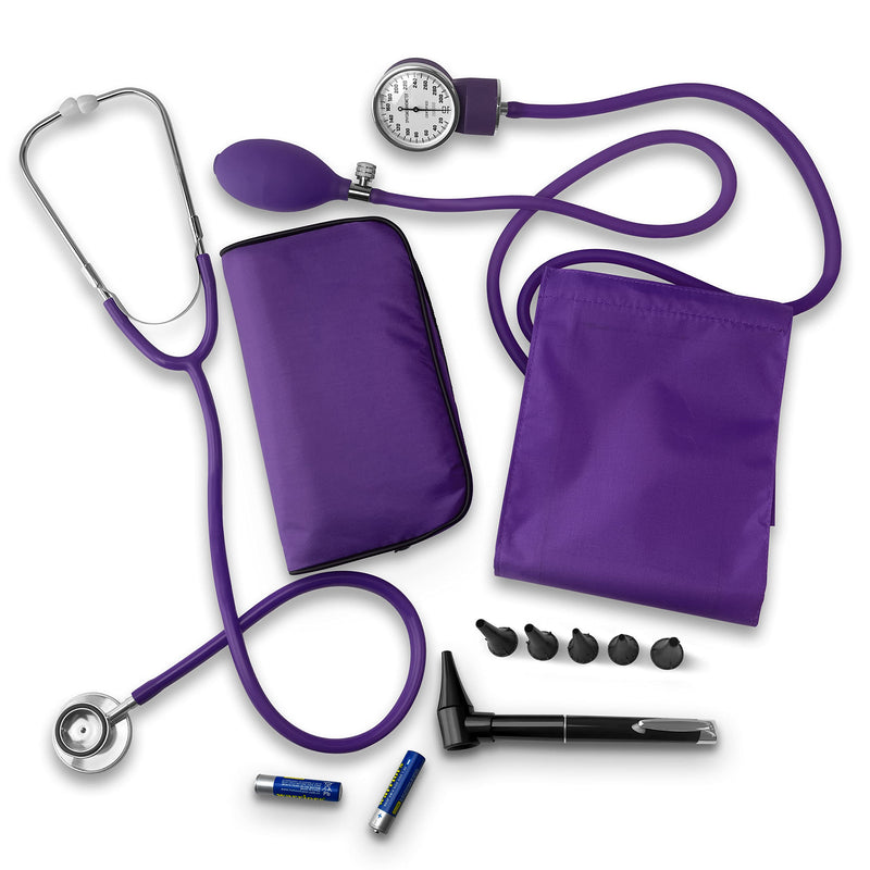 ASA TECHMED Nurse Essentials Starter Kit with Handheld Travel Case | 3 Part Kit Includes Adult Aneroid Sphygmomanometer Blood Pressure Monitor, Stethoscope, Mini Diagnostic Otoscope (Purple) Purple - BeesActive Australia
