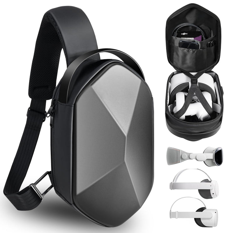 Carrying Travel Case for Oculus Meta Quest 2, Quest 3, Apple Vision Pro Accessories, Expandable Capacity Fixed Storage Controllers and Head Strap and All, Crossbody Sling Backpack Black - BeesActive Australia