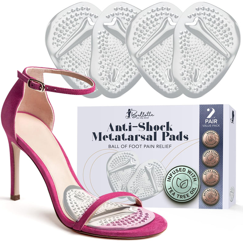 Ballotte Metatarsal Pads for Women, Silicone Gel Foot Cushions for High Heels, Ball of Foot Pain Relief, Non-Slip Shoe Pads for Shock Absorption & All-Day Wear, Prevention of Feet Fatigue (4 Pack) Metatarsal Pads - Tea Tree