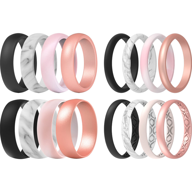 ThunderFit Silicone Wedding Rings for Women, Classic Breathable Thin and Round 16 Mixed Rubber Engagement Bands Black, Marble, Light Pink, Rose Gold 5.5 - 6 (16.5mm)