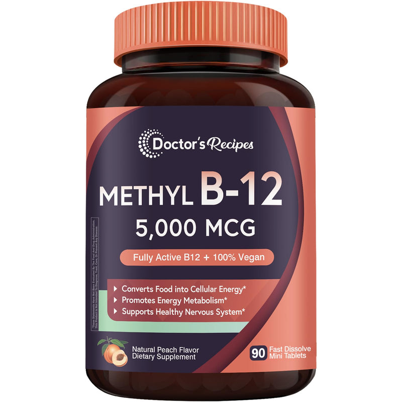 Doctor's Recipes Vitamin B12, Methylcobalamin 5000 mcg 90ct | Fast Dissolve Tablets, Vegan Methyl, Energy Metabolism & Nervous System, Natural Peach Flavor, 90 Count (Pack of 1)