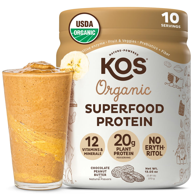KOS Vegan Protein Powder, Chocolate Peanut Butter - Low Carb Pea Protein Blend, USDA Organic Superfood with Vitamins & Minerals - Keto, Soy, Dairy Free - Meal Replacement for Women & Men - 10 Servings 13.05 Ounce (Pack of 1)