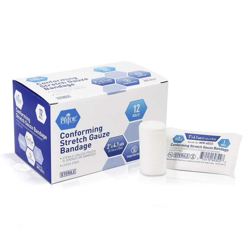 Medpride Conforming Stretch Gauze Bandages 12 Rolls 2'' x 4.1 Yards | Sterile Latex Free First Aid Pads | Wound Care Rolled Dressing Wrap | Medical Non-Adherent Mesh Bandages 2x147.6 Inch (Pack of 12) - BeesActive Australia