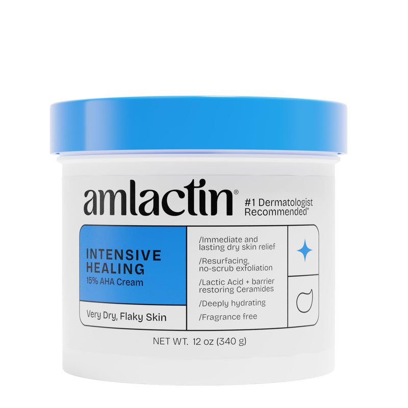 AmLactin Intensive Healing - Therapeutic Body Cream for Extremely Dry Skin - No-Scrub Exfoliator and Body Moisturizer Cream with 15% Lactic Acid AHA and Ceramides, 12 oz (Packaging May Vary) Fragrance free 12 Ounce (Pack of 1)