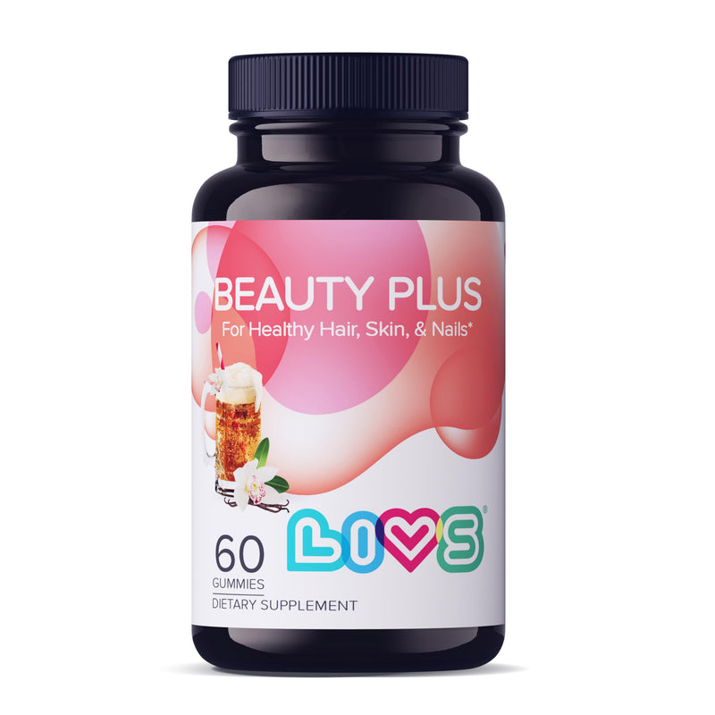 LIVS Beauty Plus Gummy Vitamins - Biotin Gummies for Hair, Skin and Nails | Natural, Gluten-Free, Non-GMO Beauty Supplement with Vitamin A, C, E, B12, D2, Zinc & More - Cream Soda Flavor - 60 Ct Pack of 1