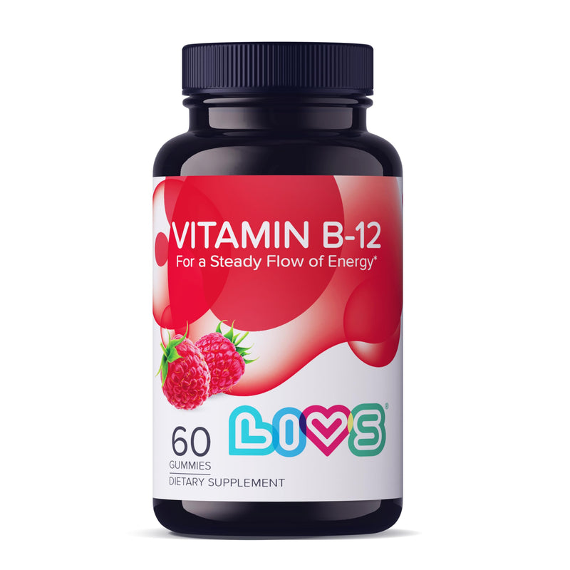 LIVS Vitamin B12 Gummies for Adults & Kids | Vegan Methylcobalamin B12 Supplement | Energy, Metabolism & Nerve Support | Raspberry Flavor | Non-GMO, Gluten-Free, Pectin-Based | 60 Count B 12 60 Count (Pack of 1)