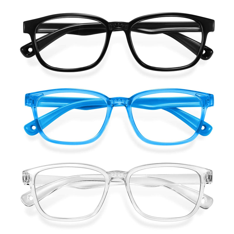 Okany Blue Light Glasses for Kids 3 Pack Anti Glare & Eye Strain Glasses Computer TV Phone Tablets UV Protection Glasses for Kids Boys Girls Age 3-12(Black + Transparent blue + Transparent) 3 Packs Black & Transparent Blue & Transparent - BeesActive Australia