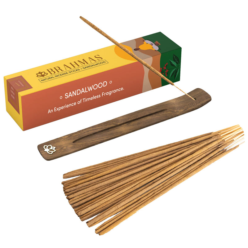 BRAHMAS Sandalwood Incense (100g) Sticks with Holder, Elevate Your Yoga and Meditation Practice with Handmade Sticks, Made with Natural Organic Ingredients & Essential Oils for a Gifting Sandalwood Incense Sticks - BeesActive Australia