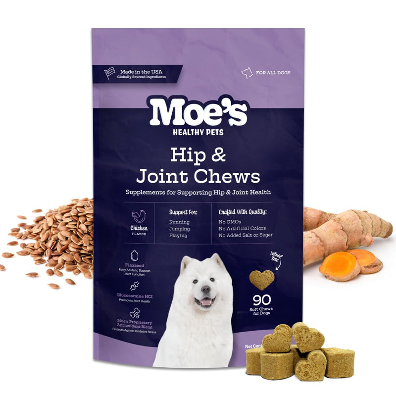 Moe's Glucosamine Dog Joint Supplement + Glucosamine, Chondroitin, Hyaluronic Acid, Vitamin C, E – Bone Health - Joint Pain Relief - Advanced Hip & Joint Care - 90 Chews - Made in USA – All Breeds - PawsPlanet Australia