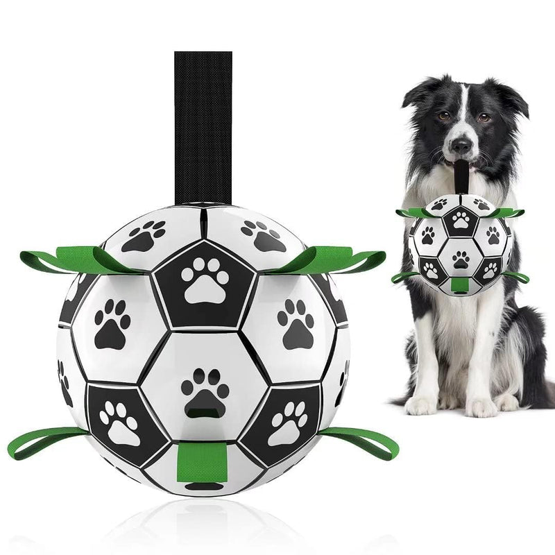 QDAN Dog Toys Soccer Ball with Straps, Interactive Dog Toys for Tug of War, Puppy Birthday Gifts, Dog Tug Toy, Dog Water Toy, Durable Dog Balls World Cup for Small & Medium Dogs（6 Inch） Medium Size 2 Dark Green - BeesActive Australia
