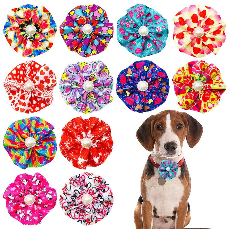 12pcs Small Dogs Collar Flowers Pink with Beads for Valentine's Day for Puppy Doggy Cat Kitten Rabbit Bunny Grooming Attachment Embellishment - BeesActive Australia
