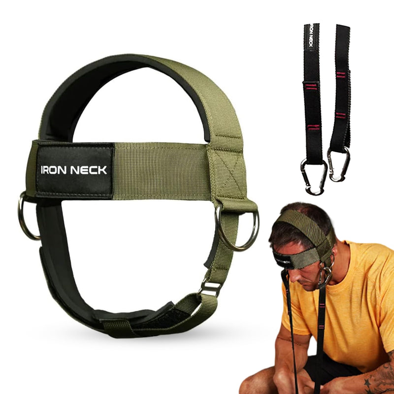 Iron Neck , Versatile Neck Exerciser, Strengthener and Trainer with Adjustable Head and Chin Strap, Portable Head Harness for Weight Lifting, Home and Gym Use Olive Green - Classic Harness