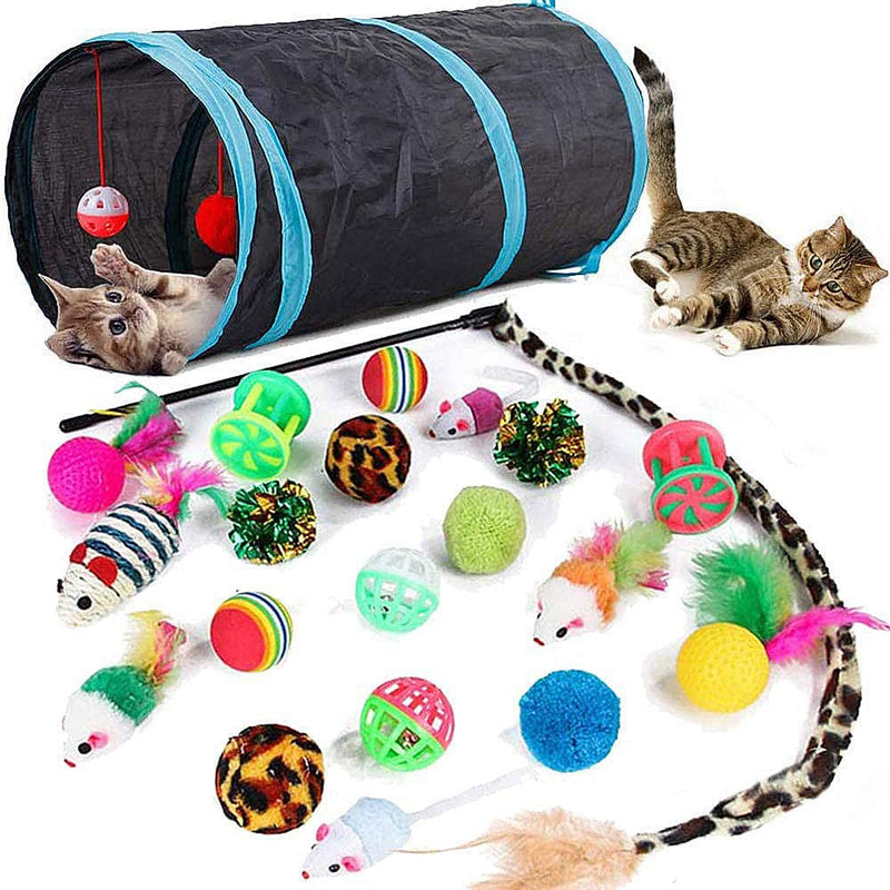 21 Pcs Cat Toys for Indoor Cats Collapsible Cat Tunnel Interactive Feather Teaser Wand Ball Toy for Kitten Cats Black - BeesActive Australia