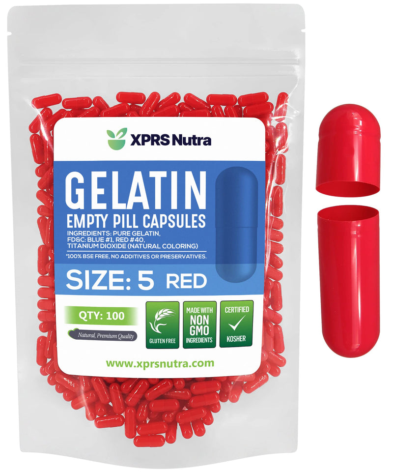 XPRS Nutra Size 5 Empty Capsules - 100 Count Very Small Empty Gelatin Capsules - Pills DIY Capsule Filling - Fillable Pill Gel Caps for Do-It-Yourself Vitamin Supplements (Red)