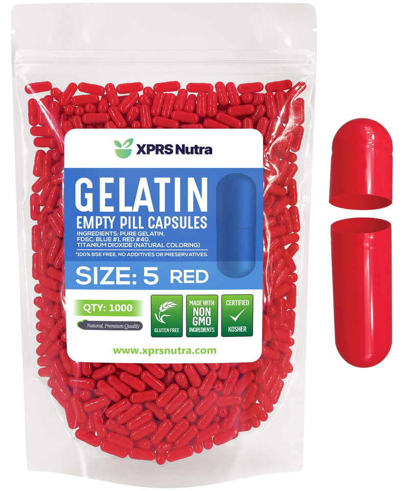 XPRS Nutra Size 5 Empty Capsules - 1000 Count Very Small Empty Gelatin Capsules - Pills DIY Capsule Filling - Fillable Pill Gel Caps for Do-It-Yourself Vitamin Supplements (Red)