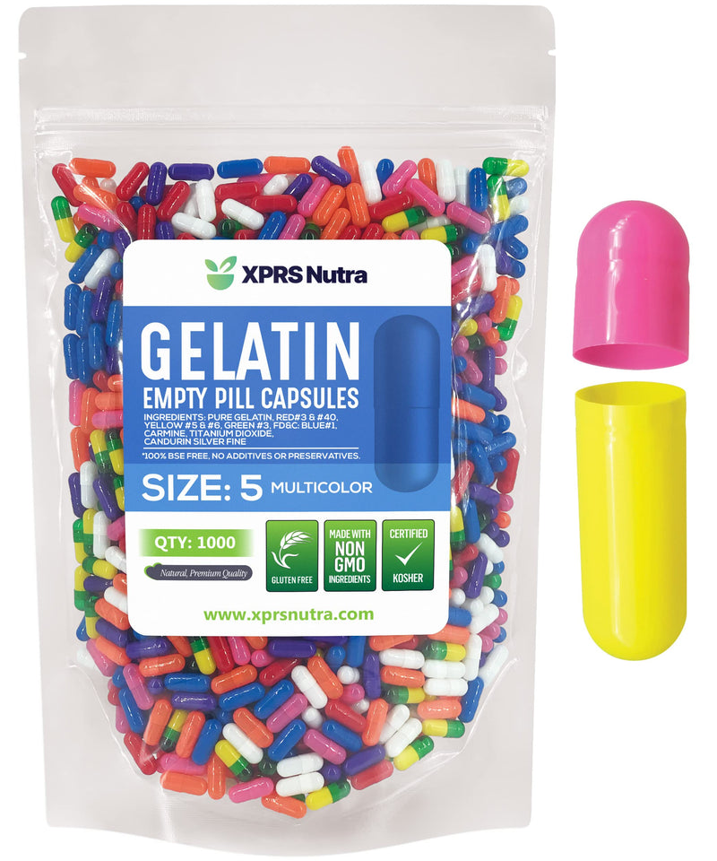XPRS Nutra Size 5 Empty Capsules - 1000 Count Very Small Empty Gelatin Capsules - Pills DIY Capsule Filling - Fillable Pill Gel Caps for Do-It-Yourself Vitamin Supplements (Multi Color)
