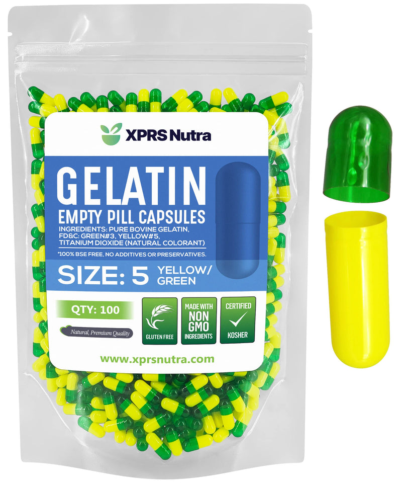 XPRS Nutra Size 5 Empty Capsules - 100 Count Very Small Empty Gelatin Capsules - Pills DIY Capsule Filling - Fillable Pill Gel Caps for Do-It-Yourself Vitamin Supplements (Green/Yellow)