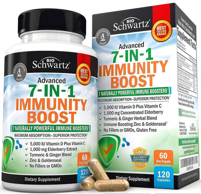 Immune Support Supplement with Zinc Elderberry Vitamin D 5000 IU, 120ct | Vitamin C, Turmeric, Ginger, Goldenseal Immunity Vitamins for Adults Women & Men - Gluten-Free, Non-GMO, Third Party Tested