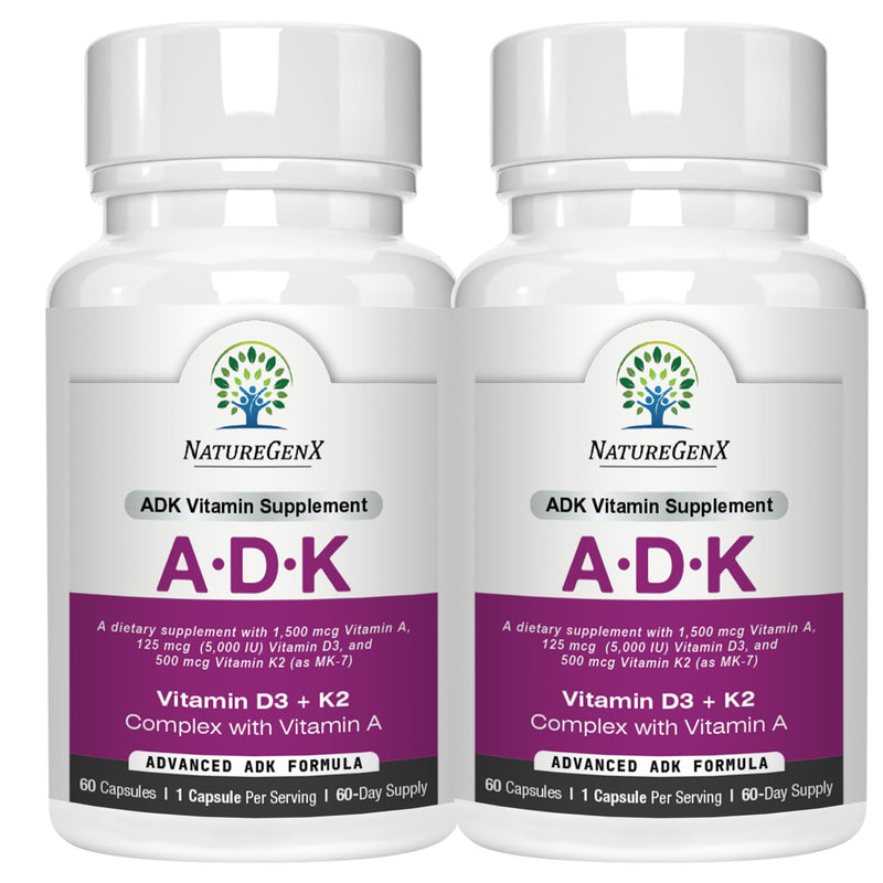 NatureGenX ADK Vitamin Supplement – Vitamins A, D3 & K2 MK-7 for Bone Health & Calcium Absorption – Gluten-Free, Non-GMO, Soy-Free – 120 Capsules, 2-Pack (4-Month Supply) | For Bone Health & Calcium Absorption - Immune Support, Gluten-Free, Non-GMO, So...