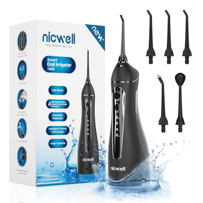 Water Dental Flosser Cordless for Teeth - Nicwell 4 Modes Dental Oral Irrigator, Portable and Rechargeable IPX7 Waterproof Powerful Battery Life Water Teeth Cleaner Picks for Home Travel Black - BeesActive Australia