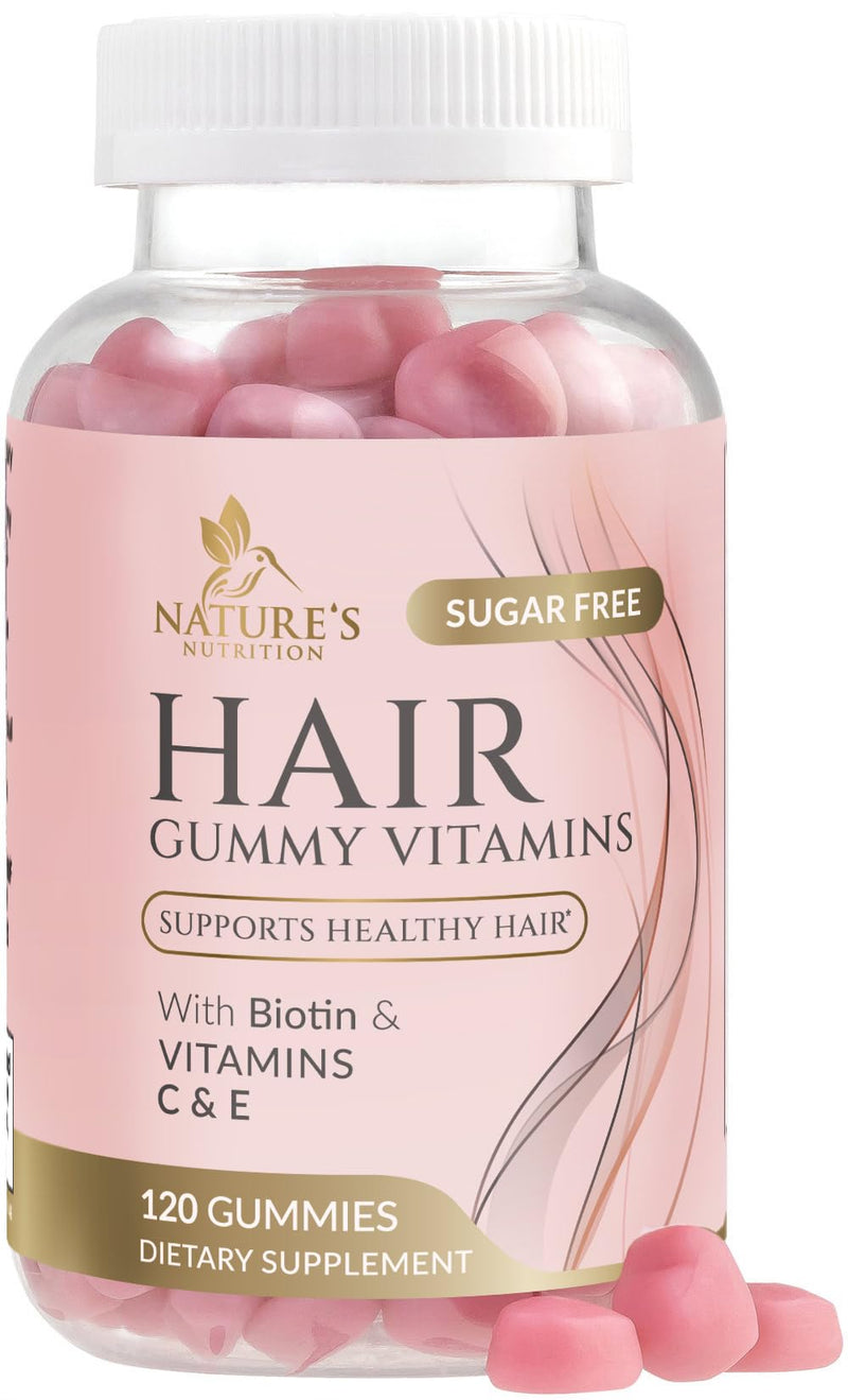 Hair Vitamins Gummies - Sugar Free Hair Growth Support Gummy with Biotin 5000 mcg Per Serving, Vitamin A, B12, C, D, E, Folic Acid - Supports Strong Beautiful Hair and Nails, Vegetarian - 120 Gummies 120 Count (Pack of 1)