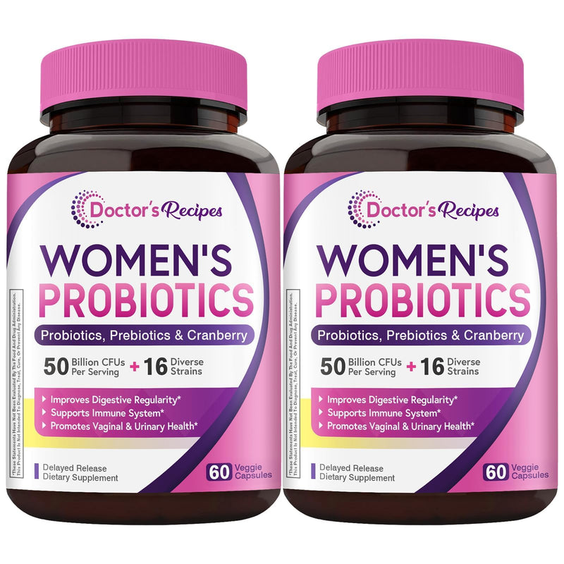 Doctor's Recipes Women's Probiotics, 120 Caps (2 Pack) 50 Billion CFU 16 Strains, with Organic Cranberry, Digestive Immune Vaginal & Urinary Health, Shelf Stable, Delayed Release, No Soy Gluten Dairy 60 Count (Pack of 2)