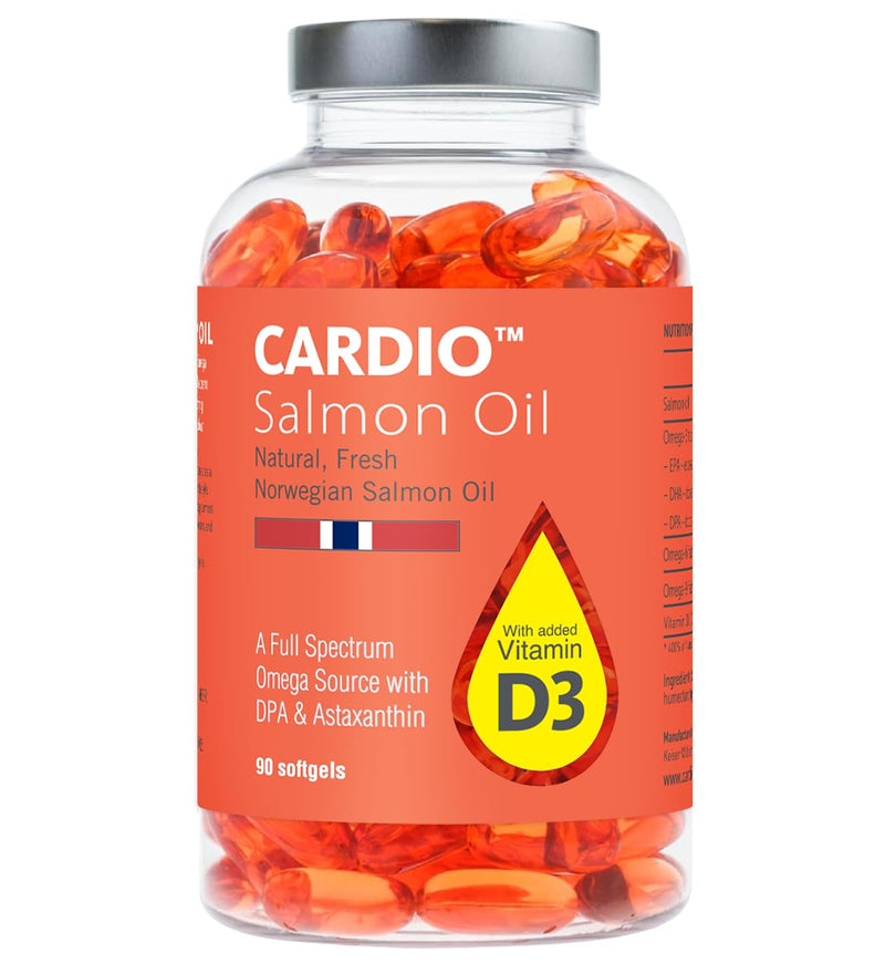 Cardio Omega 3 Fish Oil & Vitamin D3-1000mg, Norwegian Salmon Oil with EPA, DHA, DPA & Astaxanthin, No Fishy Aftertaste, Fatty Acids Supplement - 90 Capsules Salmon Oil + D3 1 Count (Pack of 1)