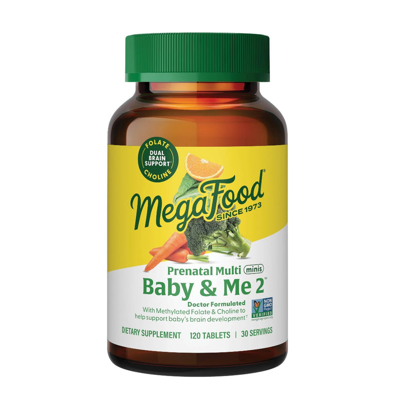 MegaFood Baby & Me 2 Prenatal Vitamins, Doctor Formulated, 120 Mini Tablets | Prenatal Vitamins for Women with Methylfolate, Choline, Iron, Iodine, Vitamin C & D3, Non-GMO, Vegetarian, 60 Servings 120 Count (Pack of 1)