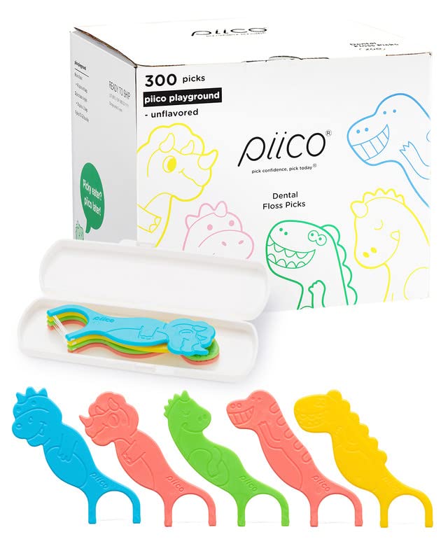 Piico Unflavored Kids Floss - No Fluoride Dual Line Dental Floss Picks - Fun Oral Care in Colorful Floss Sticks Design - Flossers Prevent Tooth Decay & Gum Disease - 300 Playground Dino & Travel Case Dino Playground